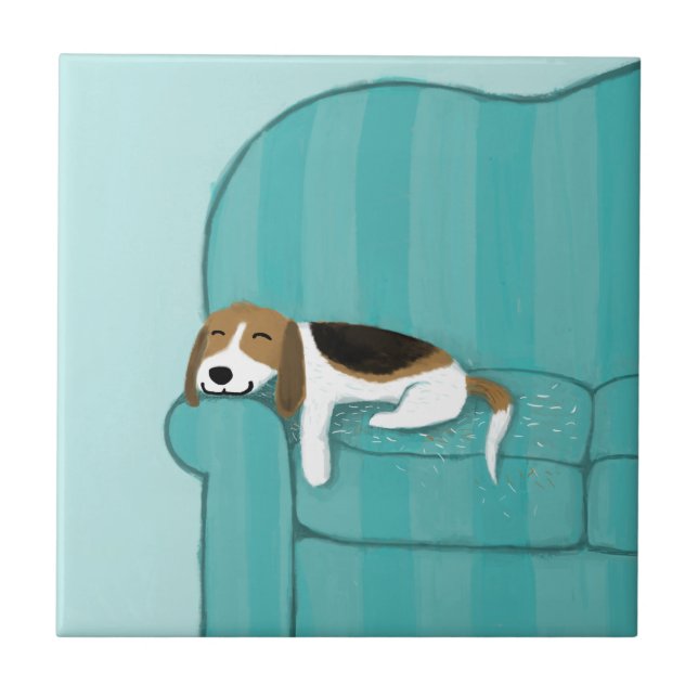 Happy Couch Dog - Cute Beagle Sleeping | Pet Art Ceramic Tile (Front)