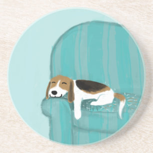 Happy Couch Dog - Cute Beagle Sleeping   Pet Art Coaster