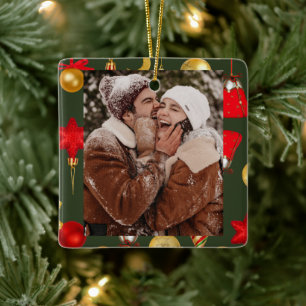 Happy Couple CUSTOM Gold Red Green Christmas Ceramic Ornament