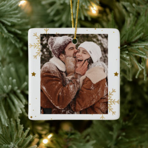 Happy Couple CUSTOM Gold White Elegant Christmas Ceramic Ornament