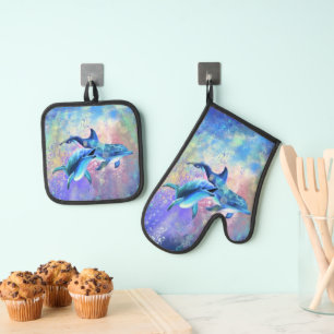 Happy Couple Dolphin Oven Mitt & Pot Holder Set