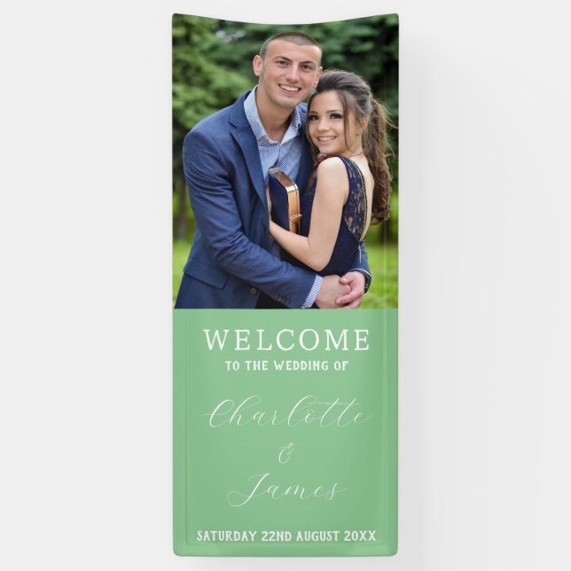 Happy Couple Photo | Green Wedding Welcome Banner (Vertical)