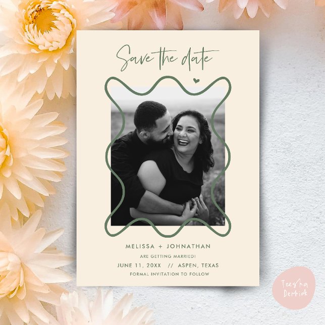 Happy Couple Save the date wedding announcement (Happy Couple Save the date wedding announcement whimsical in Cream Sage Green)