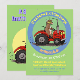 Happy cow driving red tractor cartoon invitation