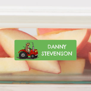 Happy cow driving red tractor cartoon personalised