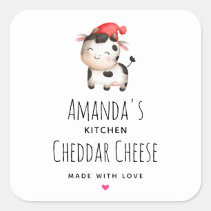 Happy Cow in a Cute Red Hat Cheese Square Sticker