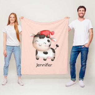 Happy Cow in a Cute Red Hat Fleece Blanket