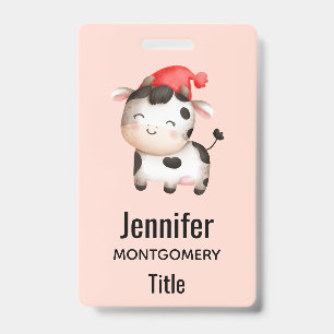 Happy Cow in a Cute Red Hat ID Badge