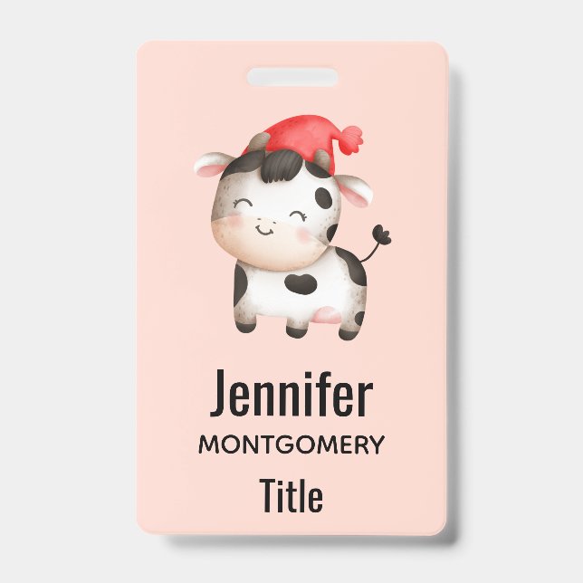 Happy Cow in a Cute Red Hat ID Badge (Front)
