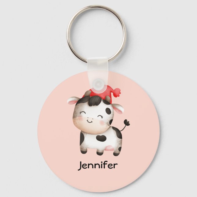 Happy Cow in a Cute Red Hat Key Ring (Front)