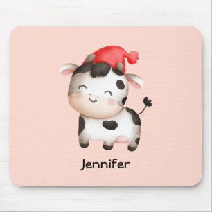 Happy Cow in a Cute Red Hat Mouse Pad