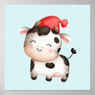 Happy Cow in a Cute Red Hat Poster