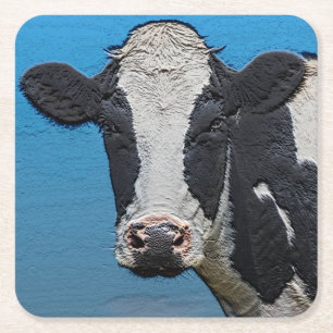 Happy Cow Portrait Square Paper Coaster