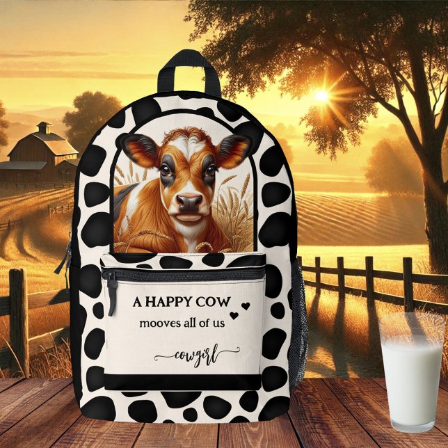 Happy Cow Quote Cowgirl Printed Backpack (Backpack featuring a painting of a cute cow with your custom quote on a black and ivory pattern)