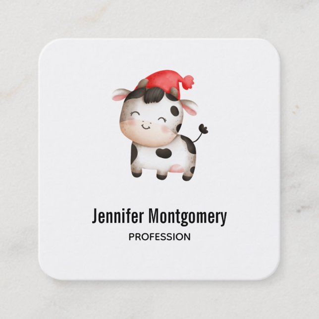 Happy Cow with a Red Hat Square Business Card (Front)