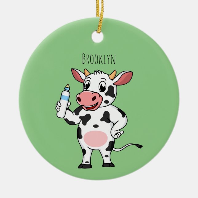 Happy cow with baby bottle cartoon ceramic ornament (Front)