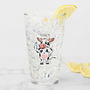 Happy cow with baby bottle cartoon glass