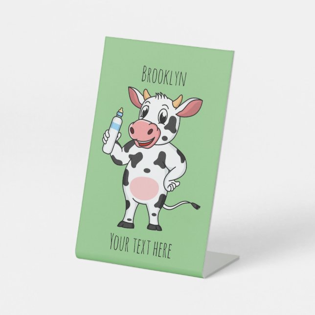 Happy cow with baby bottle cartoon pedestal sign (Front)