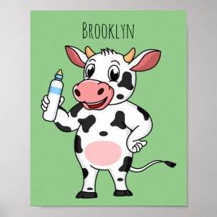 Happy cow with baby bottle cartoon poster