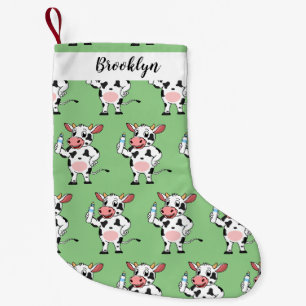 Happy cow with baby bottle cartoon small christmas stocking