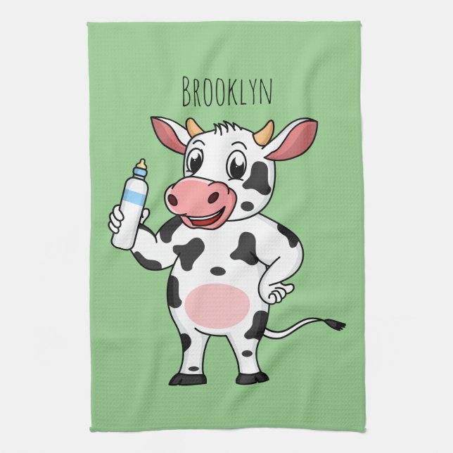 Happy cow with baby bottle cartoon  tea towel (Vertical)