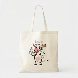 Happy cow with baby bottle cartoon tote bag