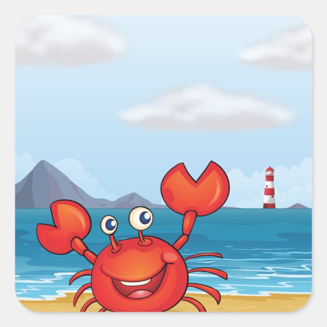 Happy Crab On A Beach Square Sticker (Front)