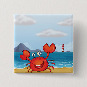 Happy Crab on Beach with Lighthouse 15 Cm Square Badge