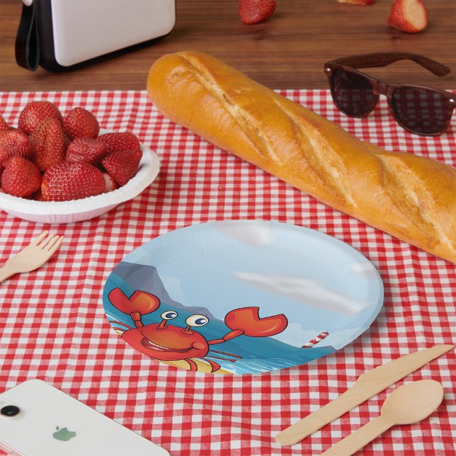 Happy Crab on Beach with Lighthouse Paper Plate (Creator Uploaded)