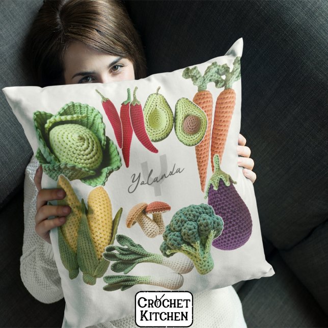 Happy Crochet Vegetable Mushroom Collage Monogram Cushion (Creator Uploaded)