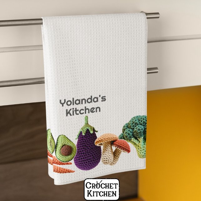 Happy Crochet Vegetable Mushroom Collage Monogram Tea Towel (Creator Uploaded)