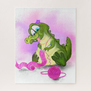 Happy Crocodile Knits Pink Scarf - Funny Painting Jigsaw Puzzle