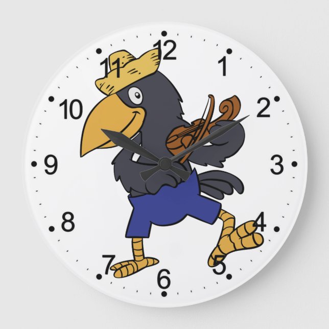 Happy Crow playing violin | choose background colo Large Clock (Front)