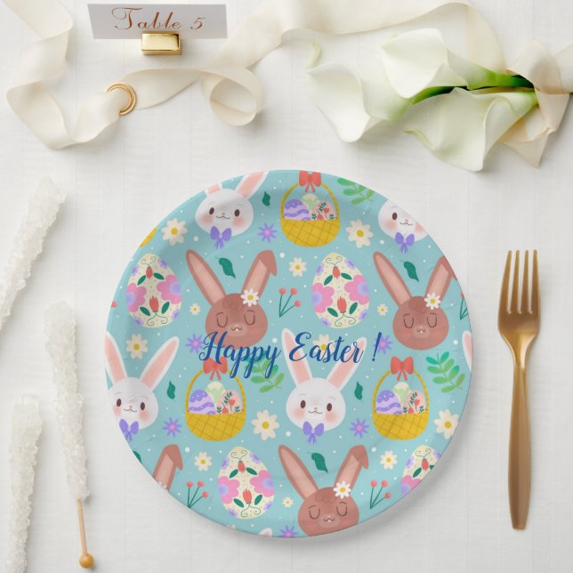 Happy Customise Easter Cute Rabbits Paper Plate (Wedding)