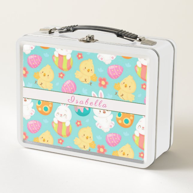 Happy Customise Easter Rabbit And Chicken Metal Lunch Box (Front)