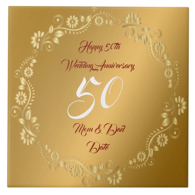 Happy Customise Gold 50th Anniversary Ceramic Tile (Front)