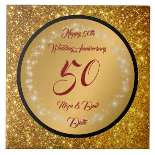 Happy Customise Gold Glitter 50th Anniversary Ceramic Tile