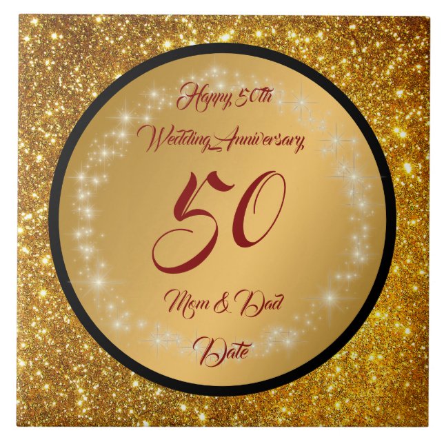 Happy Customise Gold Glitter 50th Anniversary Ceramic Tile (Front)