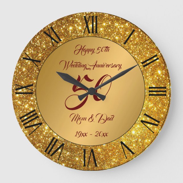 Happy Customise Gold Glitter 50th Anniversary Large Clock (Front)