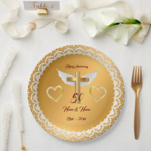 Happy Customise Gold Lace Anniversary Paper Plate