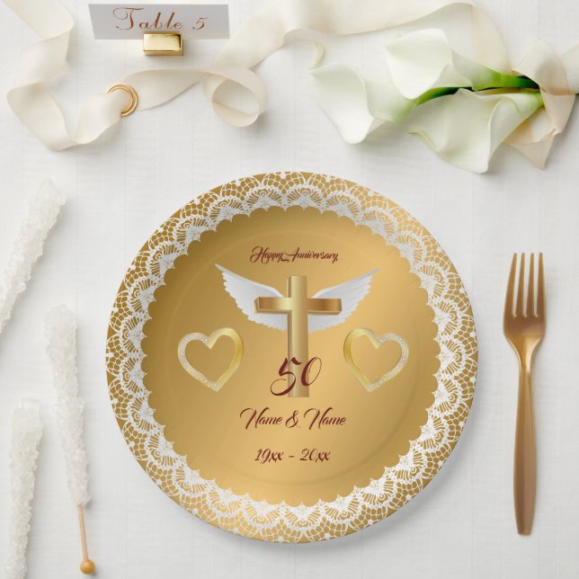 Happy Customise Gold Lace Anniversary Paper Plate (Wedding)