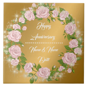 Happy Customise Gold Rose Anniversary Ceramic Tile