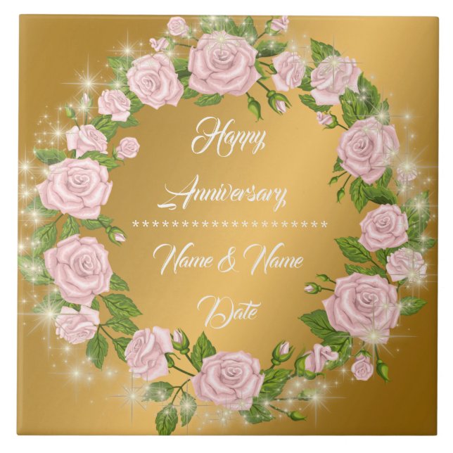 Happy Customise Gold Rose Anniversary Ceramic Tile (Front)