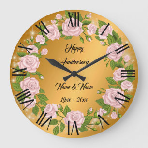 Happy Customise Gold Rose Anniversary Large Clock