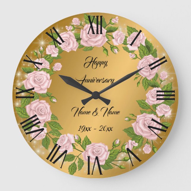 Happy Customise Gold Rose Anniversary Large Clock (Front)