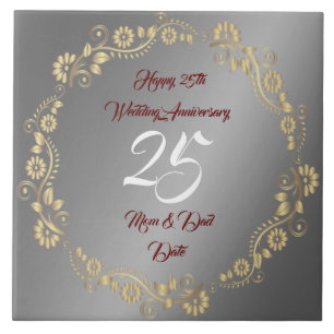 Happy Customise Silver 25th Anniversary Ceramic Tile