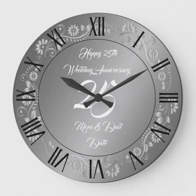 Happy Customise Silver 25th Anniversary Large Clock (Front)