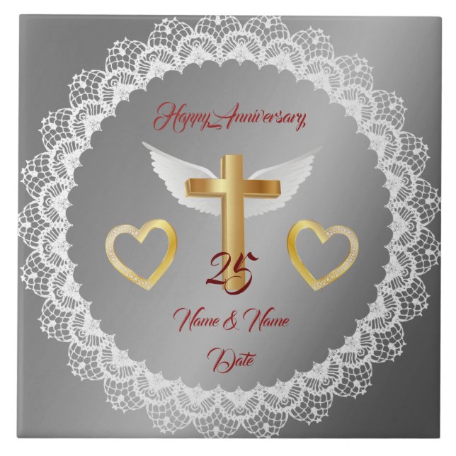 Happy Customise Silver Lace Anniversary Ceramic Tile (Front)