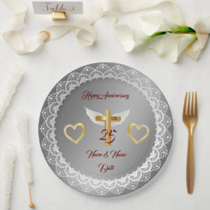 Happy Customise Silver Lace Anniversary Paper Plate