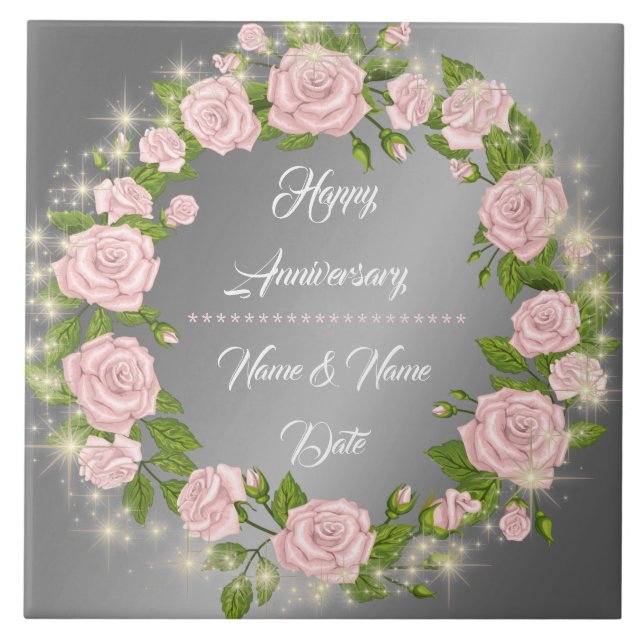 Happy Customise Silver Rose Anniversary Ceramic Tile (Front)